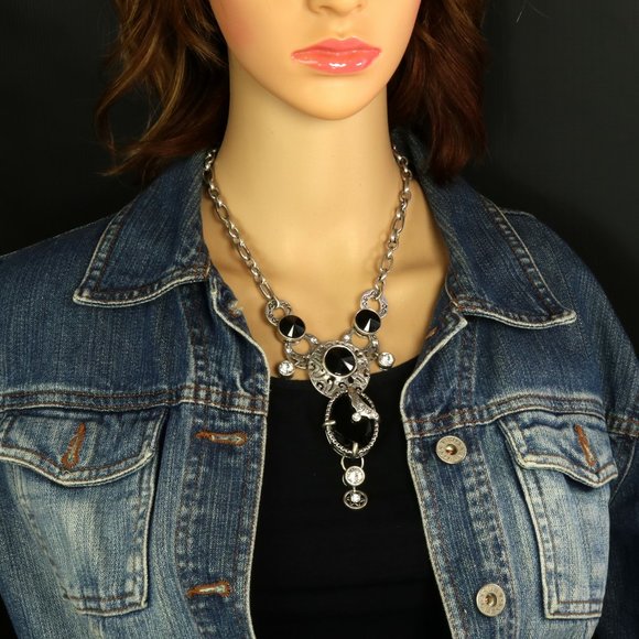 Chunky DG Necklace Black Stone Silver Tone - Picture 8 of 14